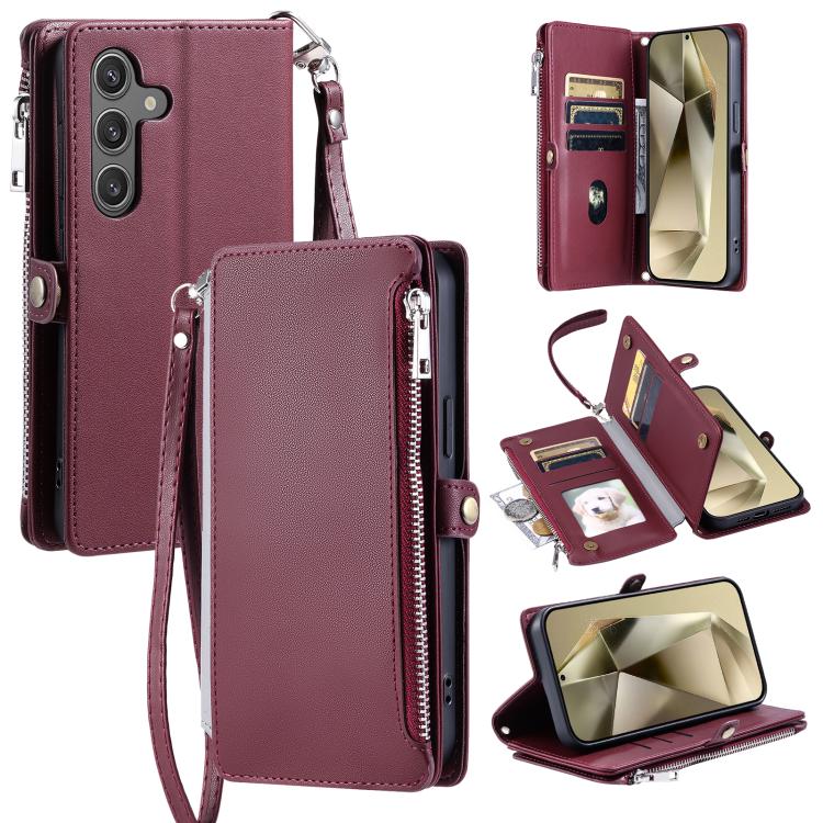 Funda de cuero con cremallera y ranura para múltiples tarjetas para Samsung Galaxy S25 FE 5G (rojo vino)