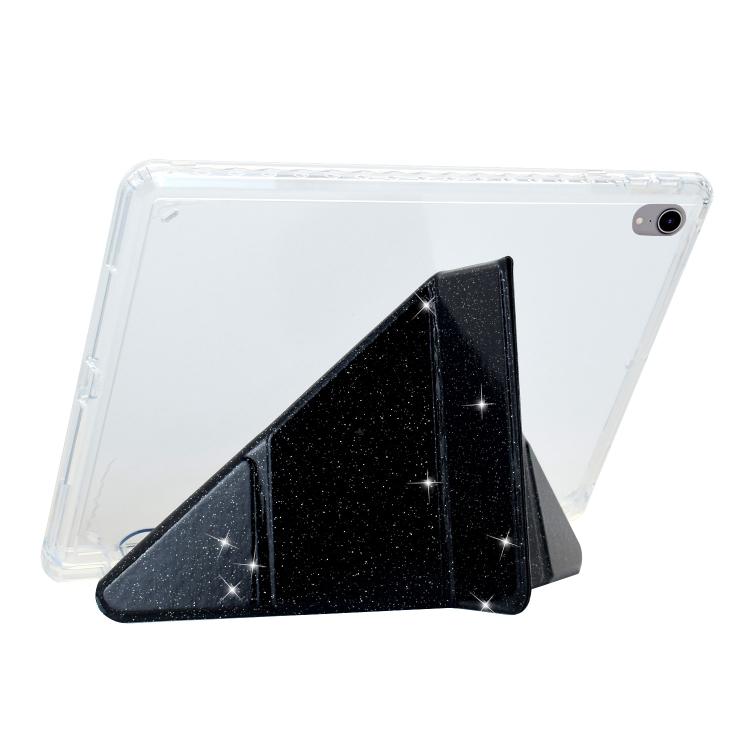 Funda de cuero inteligente con purpurina acrílica transparente plegable en Y para iPad 2025/2022 (negro)