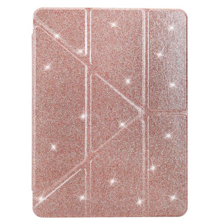 Funda plegable en Y de acrílico transparente con purpurina para Samsung Galaxy Tab S10 FE/S9 (oro rosa)