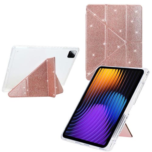 Funda plegable en Y de acrílico transparente con purpurina para Xiaomi Pad 7/7 Pro (oro rosa)
