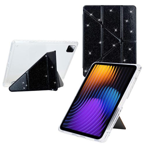 Funda de cuero inteligente con purpurina acrílica transparente plegable en Y para Xiaomi Pad 7/7 Pro (negro)