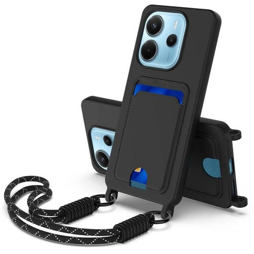 Funda de silicona líquida de color sólido para Redmi Note 14 4G (163,25 mm) con tarjetero integrado, Gen2, con cordón corto (negro)