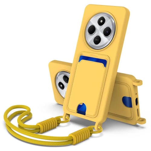 Funda de silicona líquida de color sólido para Redmi 14C 4G / 14R 5G / A4 5G con tarjetero integrado, Gen2, con cordón corto (amarilla)