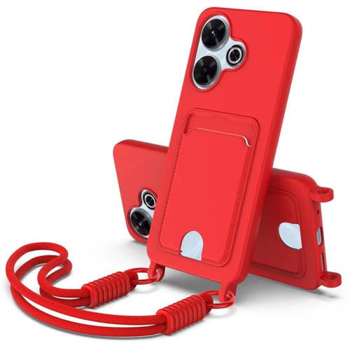 Funda de silicona líquida de color sólido para Redmi 13 4G / 13 5G / Note 13R 5G con tarjetero integrado, Gen2, con cordón corto (rojo)