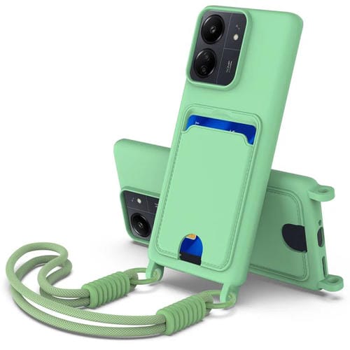 Funda de silicona líquida de color sólido para Redmi 13C 4G / 13C 5G / 13R 5G con tarjetero integrado (Gen2) y cordón corto (verde)