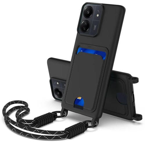 Funda de silicona líquida de color sólido para Redmi 13C 4G / 13C 5G / 13R 5G con tarjetero integrado, Gen2, con cordón corto (negro)
