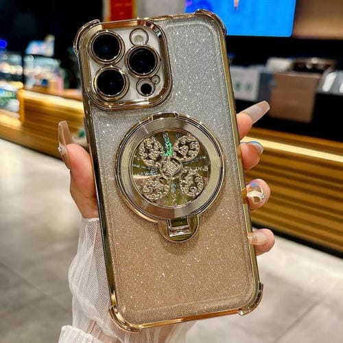 Funda con soporte giratorio para iPhone 13 Pro Max con purpurina degradada (dorada)