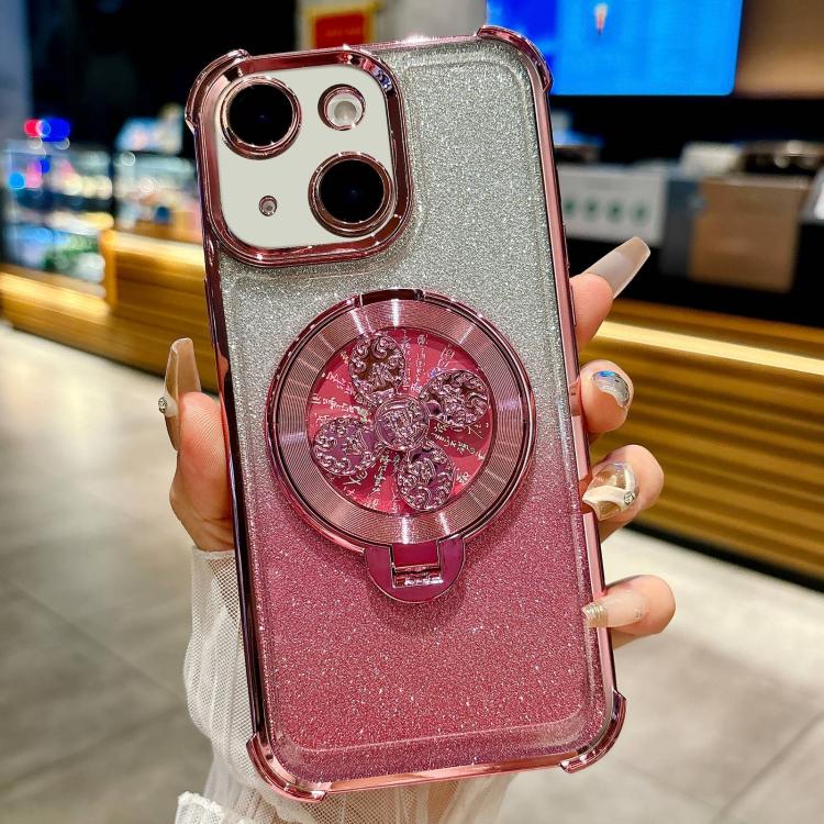 Funda con soporte giratorio para iPhone 15 con purpurina degradada (rosa)