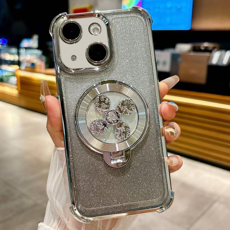 Funda con soporte giratorio para iPhone 15 con purpurina degradada (plateada)