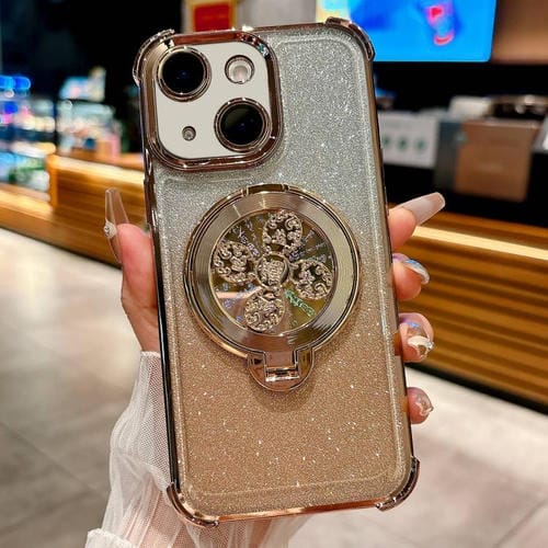 Funda con soporte giratorio para iPhone 15 con purpurina degradada (dorado desierto)