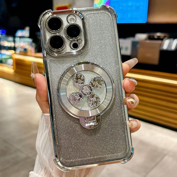Funda con soporte giratorio para iPhone 15 Pro con purpurina degradada (plateada)