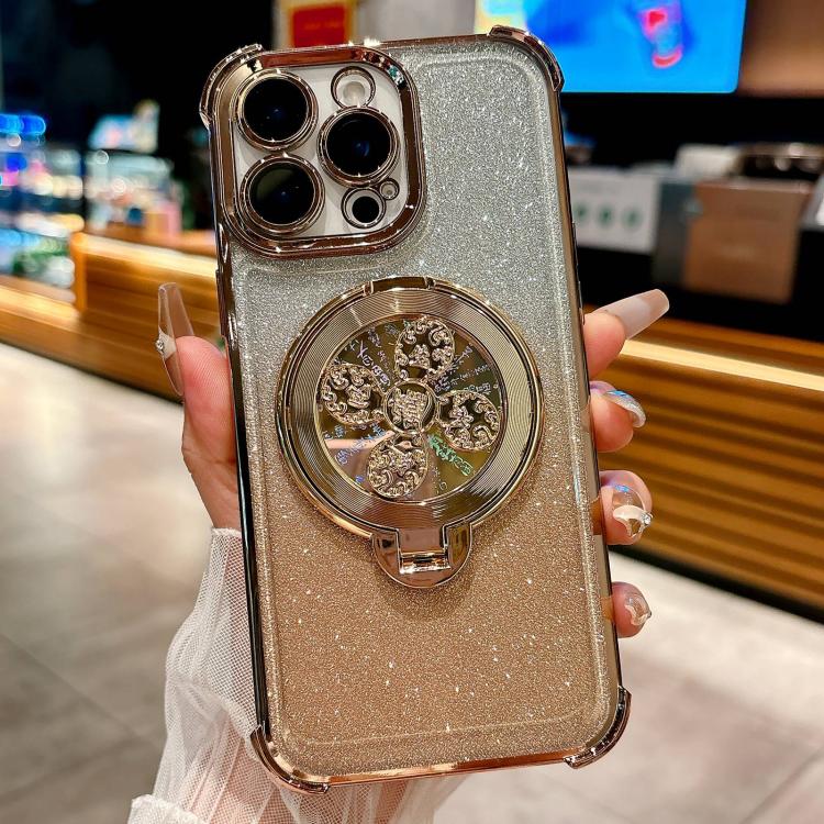 Funda con soporte giratorio para iPhone 15 Pro Max con purpurina degradada (dorado desierto)
