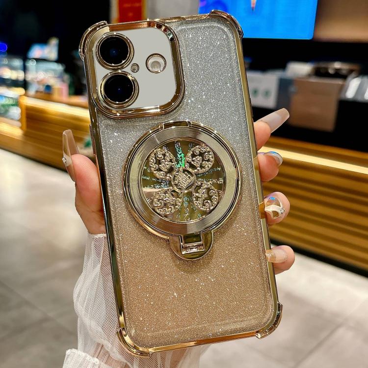 Funda con soporte giratorio para iPhone 16 Plus con purpurina degradada (dorada)