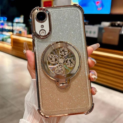 Funda con soporte giratorio para iPhone XR con purpurina degradada (dorado desierto)