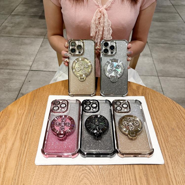 Funda con soporte giratorio para iPhone 15 con purpurina degradada (dorado desierto)