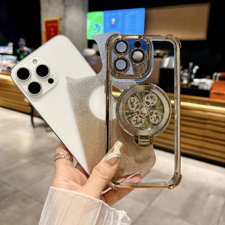 Funda con soporte giratorio para iPhone 15 Plus con purpurina degradada (dorada)