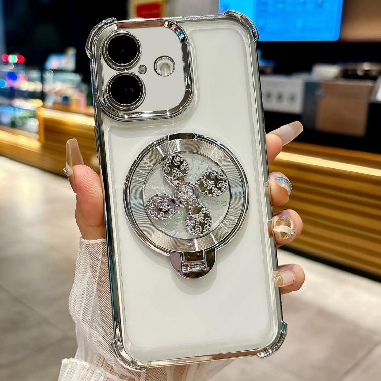 Funda para iPhone 16 Plus con soporte giratorio (plateada)