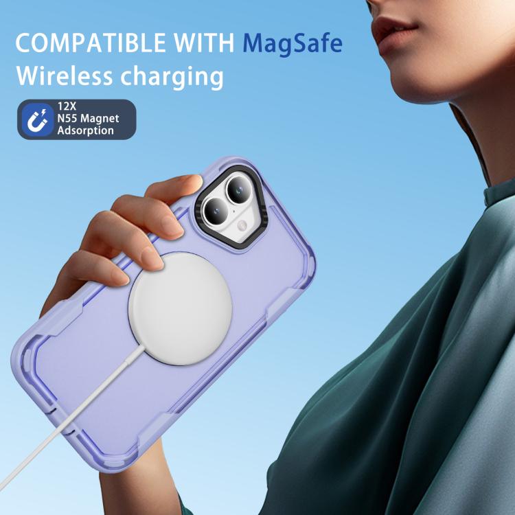 Funda protectora MagSafe para iPhone 16 Plus (morado claro y morado transparente)
