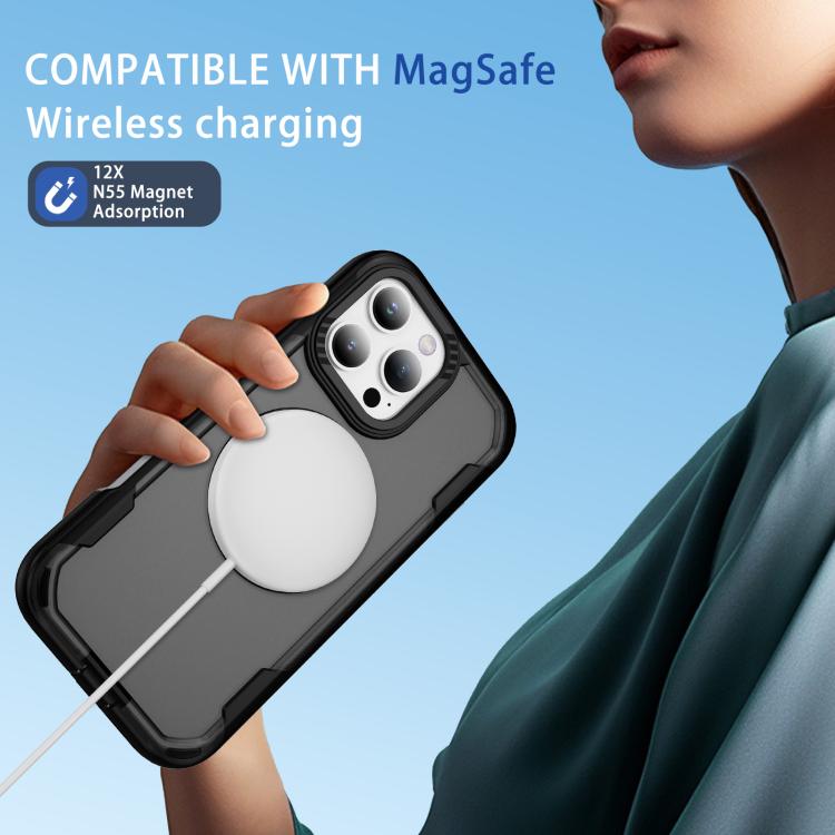 Funda protectora MagSafe para iPhone 16 Pro (negro + gris transparente)