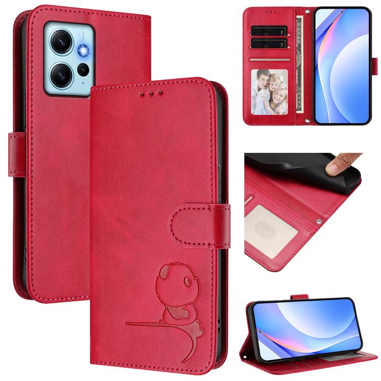 Funda de cuero con relieve RFID y cordón para Redmi Note 12 4G Global Litter Panda (rosa y rojo)