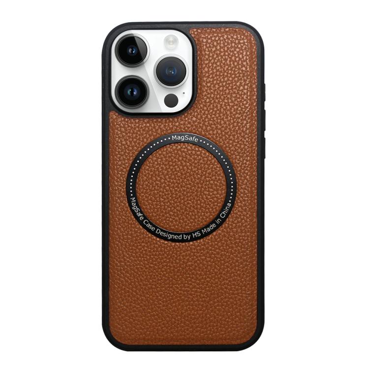 Funda trasera MagSafe de PU con textura de lichi para iPhone 15 Pro Max (marrón)