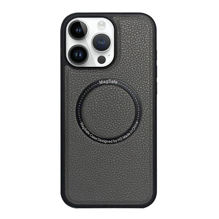 Funda trasera MagSafe de PU con textura de lichi para iPhone 15 Pro (gris)