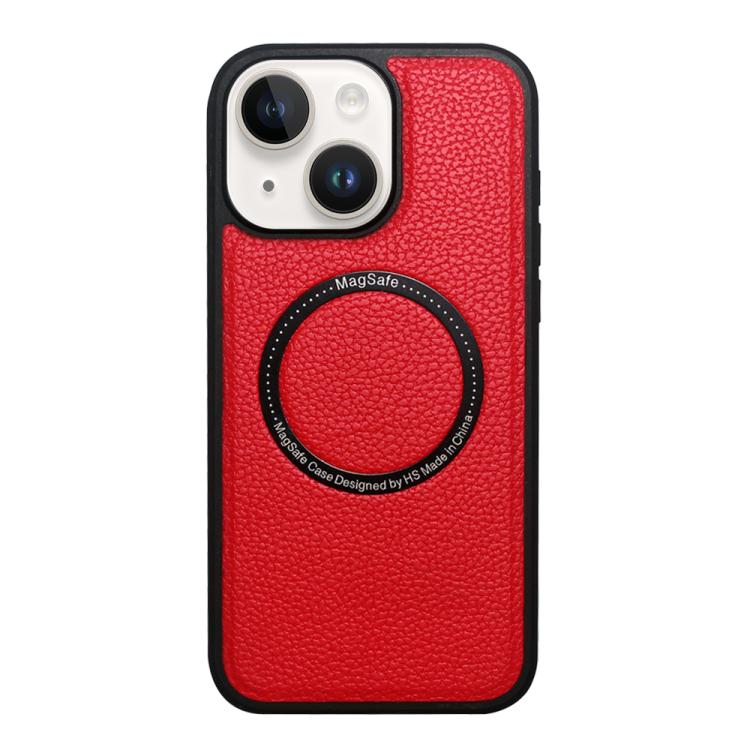 Funda trasera MagSafe de PU con textura de lichi para iPhone 15 (roja)