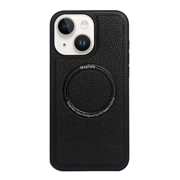 Funda trasera MagSafe de PU con textura de lichi para iPhone 15 (negra)