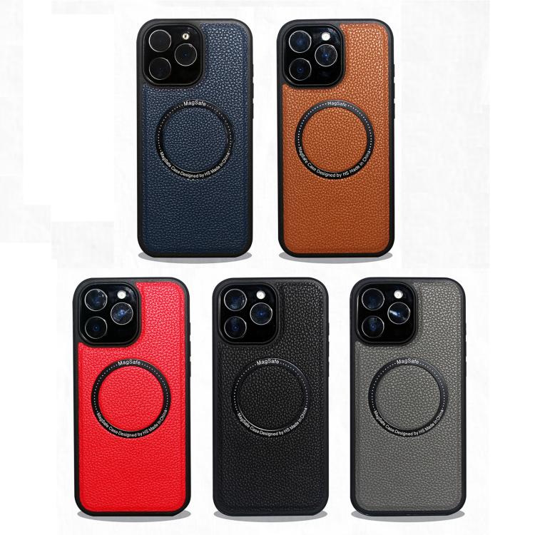 Funda trasera MagSafe de PU con textura de lichi para iPhone 15 Pro (marrón)