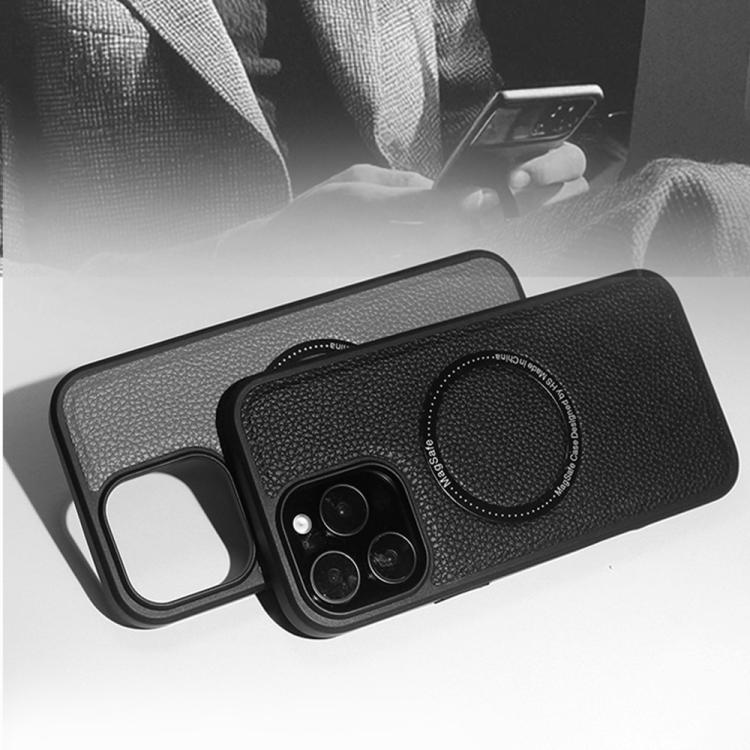 Funda trasera MagSafe de PU con textura de lichi para iPhone 15 Pro (marrón)