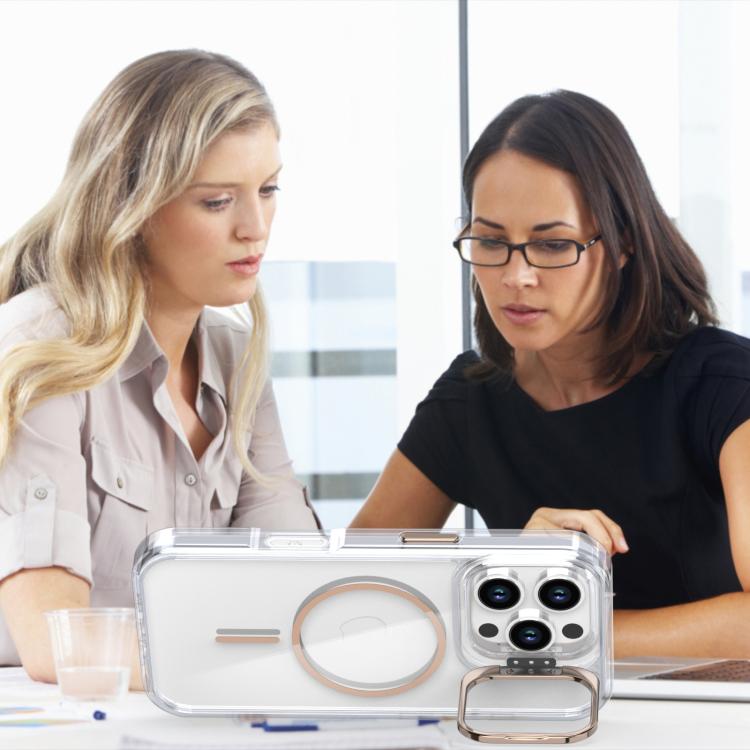 Funda para iPhone 16 Pro con marco de lente MagSafe transparente y brillante (blanco)