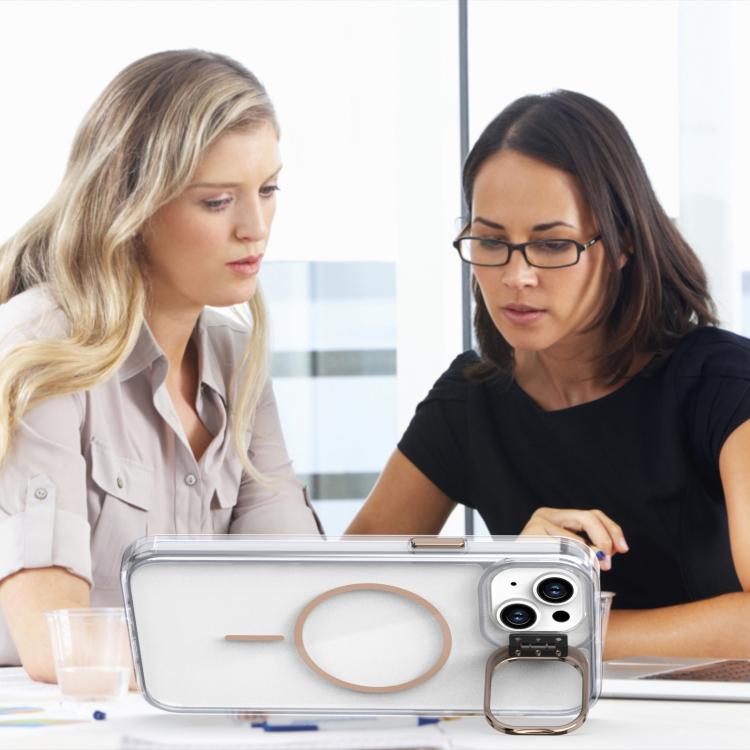Funda para iPhone 15 Plus con marco de lente MagSafe transparente y brillante (blanco)