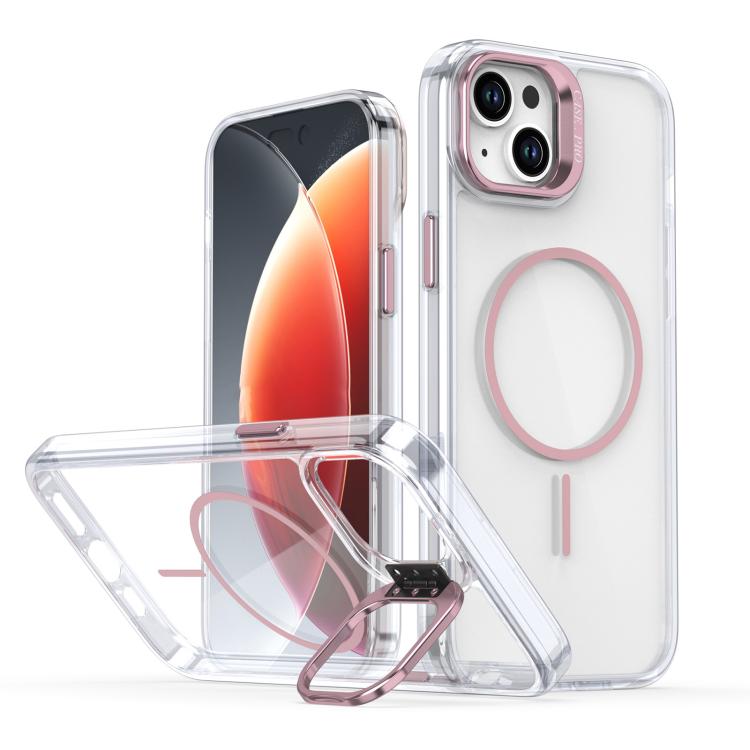 Funda para iPhone 15 con marco de lente MagSafe transparente y brillante (rosa)