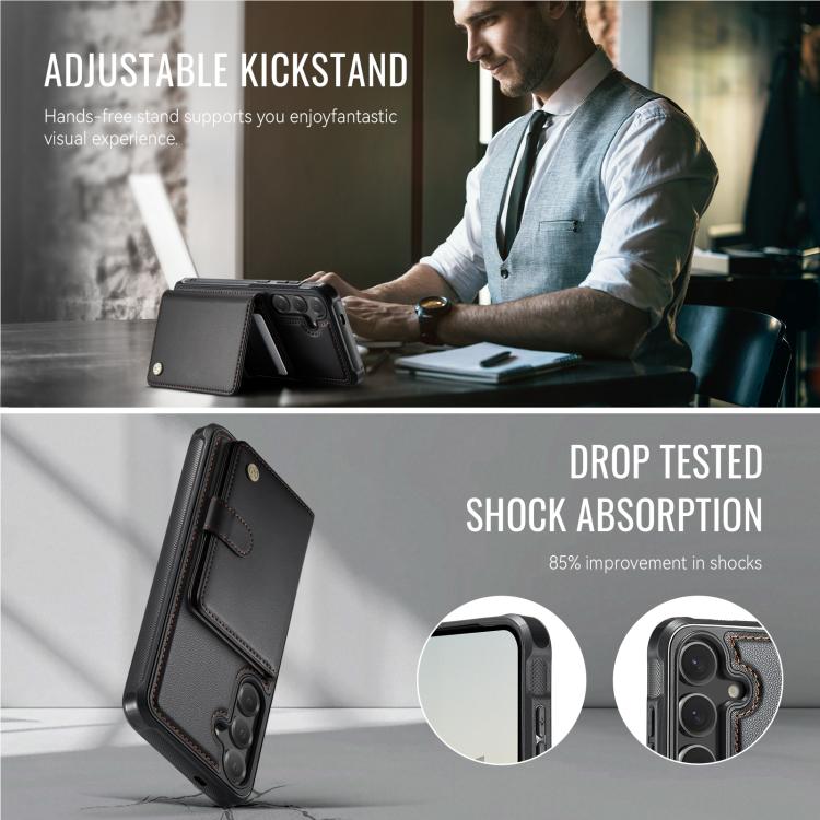 Funda de cuero con hebilla magnética para Samsung Galaxy S24+ 5G JEEHOOD J09, con ranuras para tarjetas, MagSafe, RFID (negro)