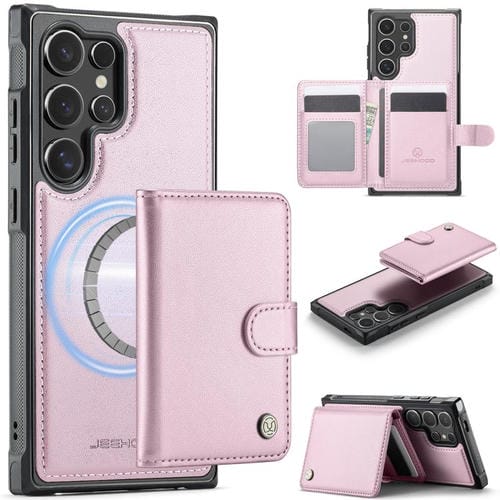 For Samsung Galaxy S24 Ultra 5G JEEHOOD J09 Buckle Card Bag MagSafe Magnetic Style RFID Leather Phone Case(Pink)