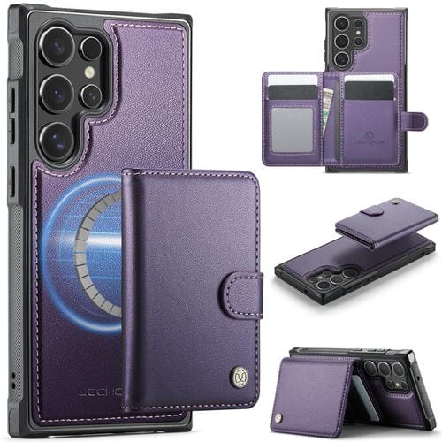 For Samsung Galaxy S23 Ultra 5G JEEHOOD J09 Buckle Card Bag MagSafe Magnetic Style RFID Leather Phone Case(Purple)