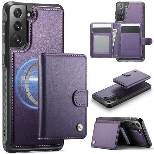 For Samsung Galaxy S22+ 5G JEEHOOD J09 Buckle Card Bag MagSafe Magnetic Style RFID Leather Phone Case(Purple)