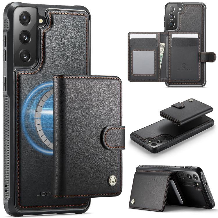 Funda de cuero con hebilla magnética para Samsung Galaxy S22 5G JEEHOOD J09, con ranuras para tarjetas, MagSafe, RFID (negro)