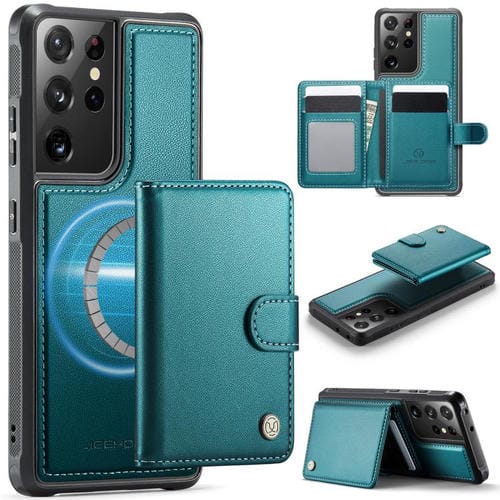 Funda de cuero con hebilla magnética para Samsung Galaxy S21 Ultra 5G JEEHOOD J09, con ranuras para tarjetas, MagSafe, RFID (verde)