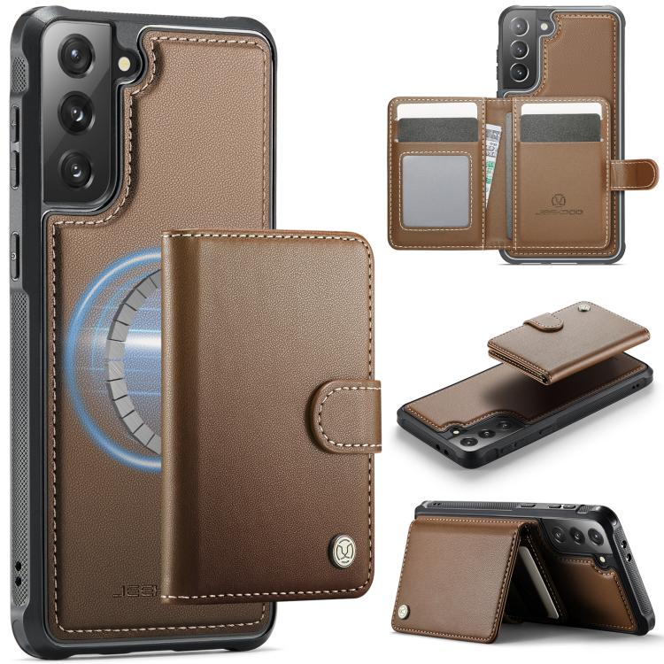 Funda de cuero con hebilla magnética para Samsung Galaxy S21 5G JEEHOOD J09, con ranuras para tarjetas, estilo RFID y MagSafe (marrón)