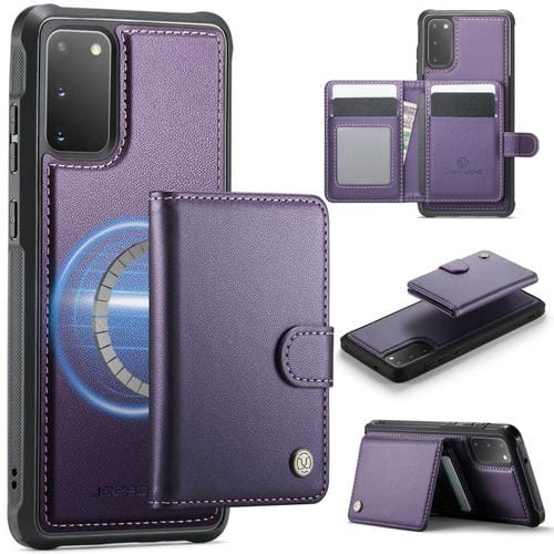 Funda de cuero con hebilla magnética para Samsung Galaxy S20 JEEHOOD J09, estilo RFID, con tarjetero MagSafe (morado)