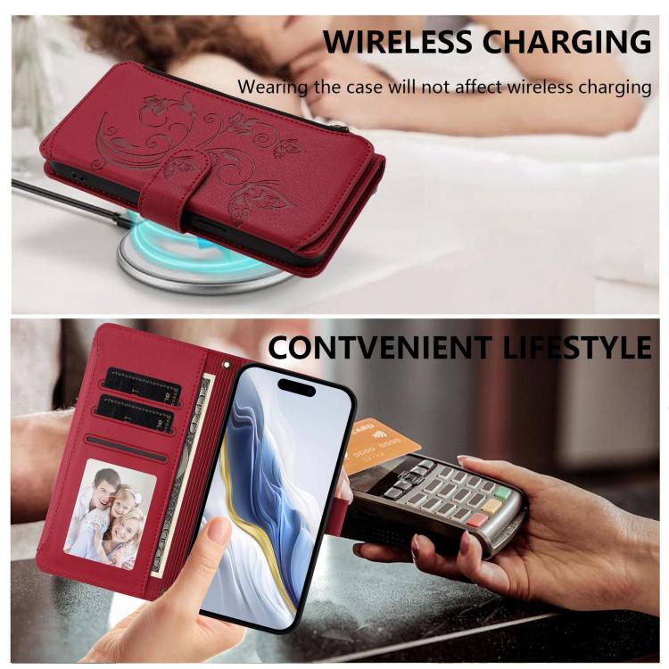 Funda de cuero con cremallera para iPhone 16e, diseño de mariposas, flores y amor (rojo vino)