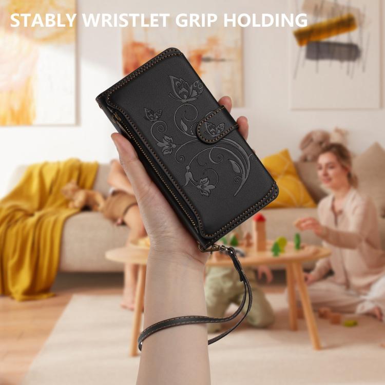 Funda de cuero con cremallera para iPhone 16e, diseño de mariposas, flores y amor, con múltiples tarjetas (negro)