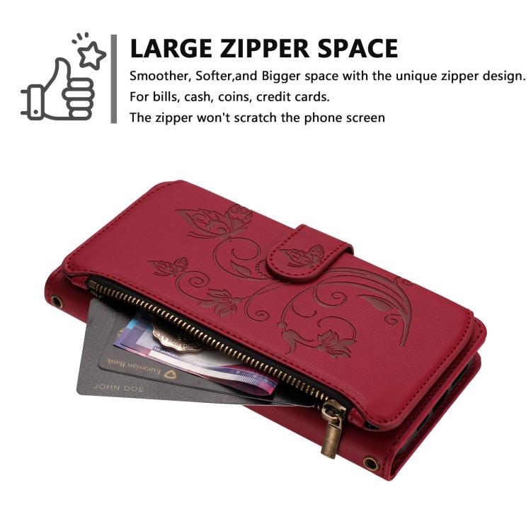Funda de cuero con cremallera para iPhone 16 Pro Max, diseño de mariposas, amor y flores, con múltiples tarjetas (rojo vino)