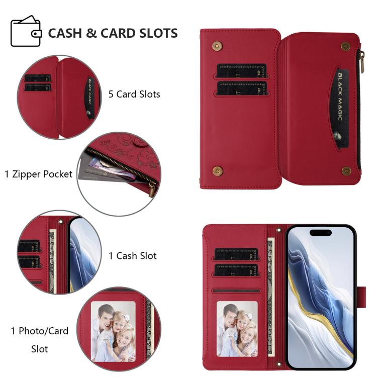 Funda de cuero con cremallera para iPhone 16 Pro Max, diseño de mariposas, amor y flores, con múltiples tarjetas (rojo vino)
