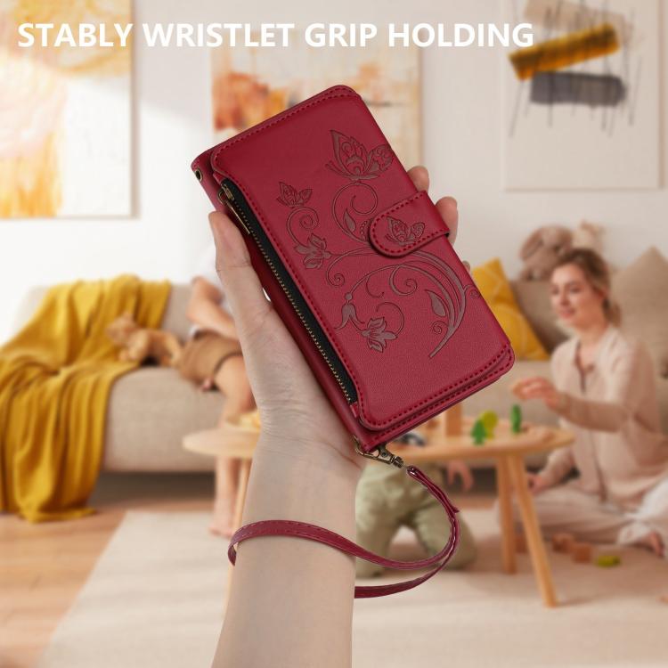 Funda de cuero con cremallera para iPhone 16 Pro Max, diseño de mariposas, amor y flores, con múltiples tarjetas (rojo vino)