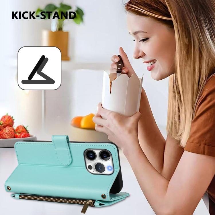 Funda de cuero con cremallera para iPhone 16 Pro Max, diseño de mariposas, flores y amor (verde menta)