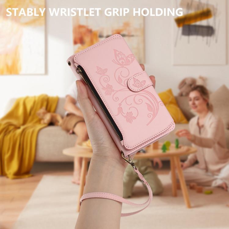 Funda de cuero con cremallera para iPhone 16 Pro Max, diseño de mariposas, flores y amor (rosa)
