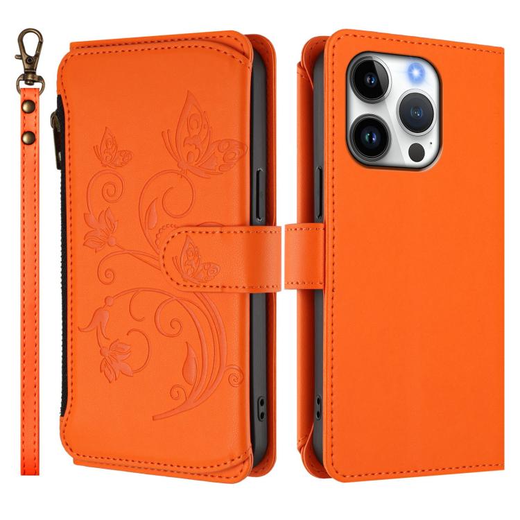 Funda de cuero con cremallera para iPhone 16 Pro, diseño de mariposas, flores y amor (naranja)