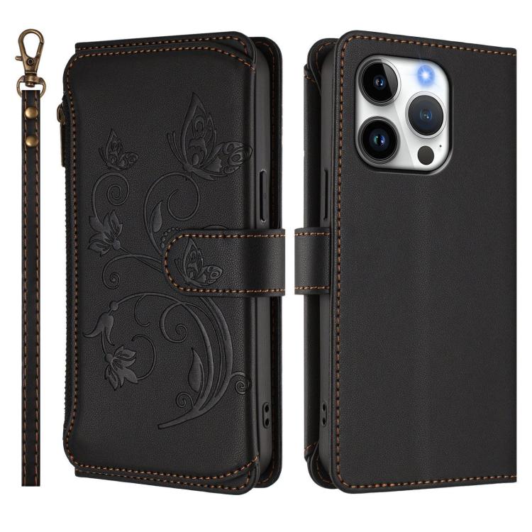 Funda de cuero con cremallera para iPhone 16 Pro, diseño de mariposas, flores y amor, con múltiples tarjetas (negro)